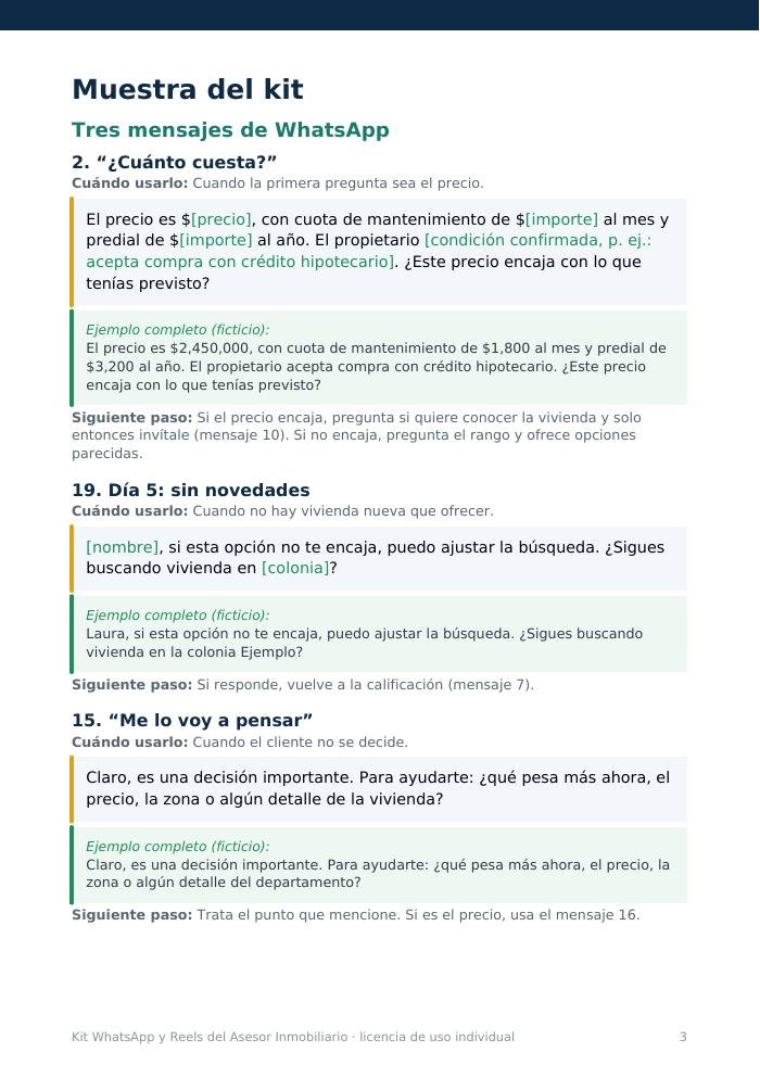 Página 3 de la muestra: mensajes 2, 19 y 15 con ejemplos completos